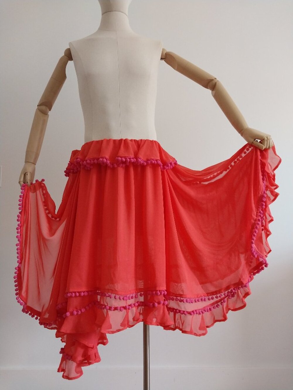 Layered Magenta Chiffon Pom Pom Bustle Skirt